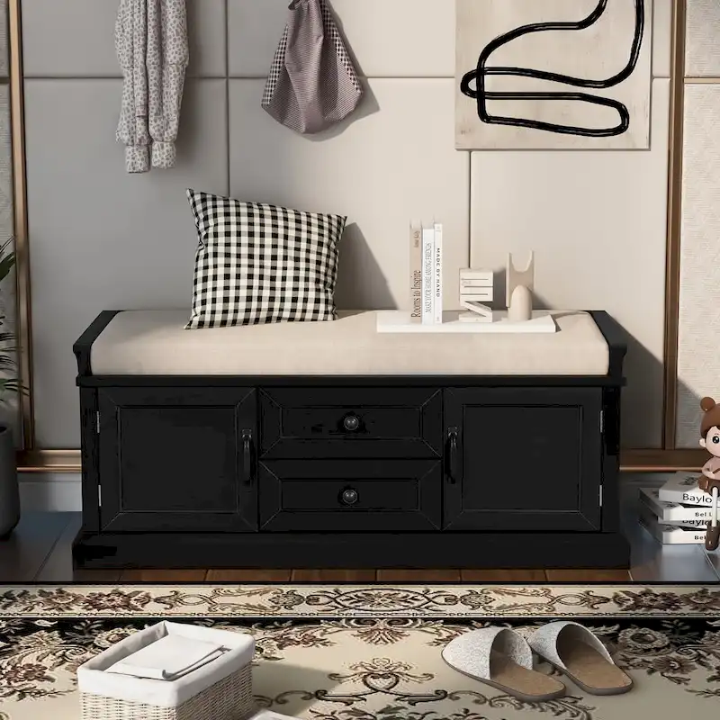 Modern Storage Bench with 2 Storage Drawers and 2 Cabinet Doors, Removable Cushion for Home Entryway and Lounge