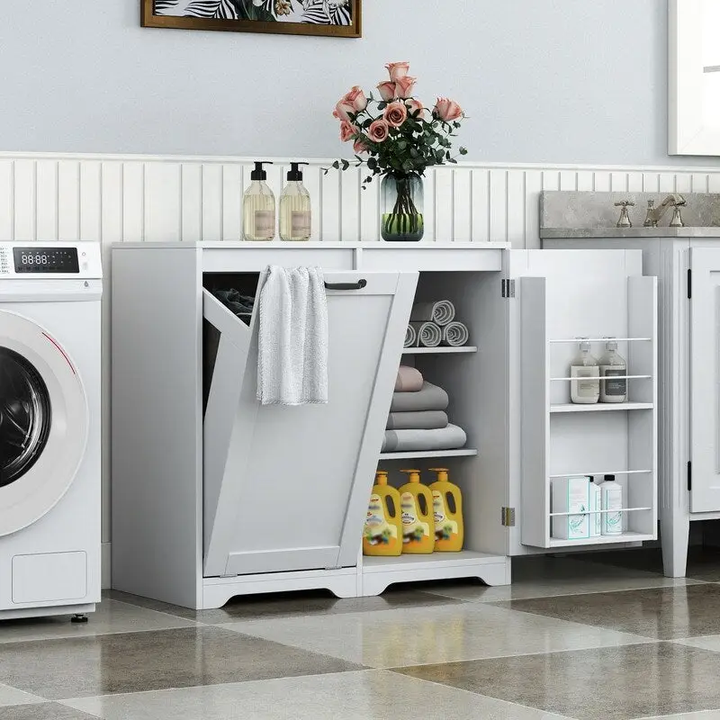 Freestanding Bathroom Laundry Cabinet with Doors and shelf, Tilt-Out Laundry Hamper