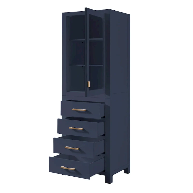 Chilled Gray Linen Tower with Glass Door, 4 Drawers & 2 Adjustable Shelves