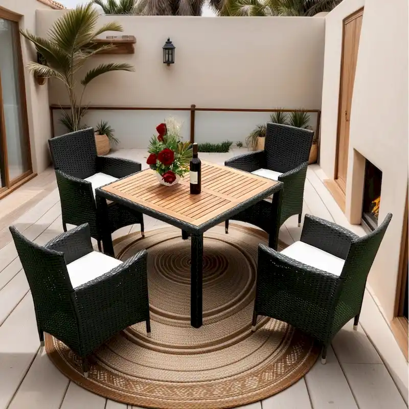 5 Piece Outdoor Patio Wicker Dining Set, Poolside Picnic Beer Coffee Table with 4 Removable Cushions Wicker Arm Chairs