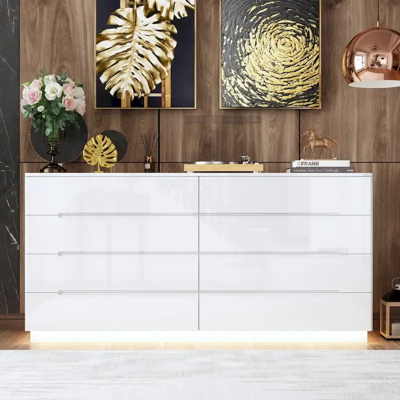 8 Drawer Double Dresser Dresser w/High Gloss Drawers Dual Chest Light