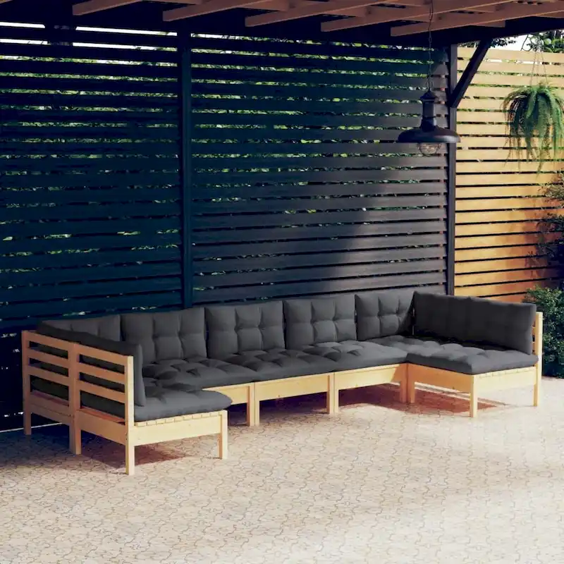 vidaXL Solid Pinewood Patio Lounge Set 7 Piece with Cushions Multi Colors - 25  x 25  x 24.6