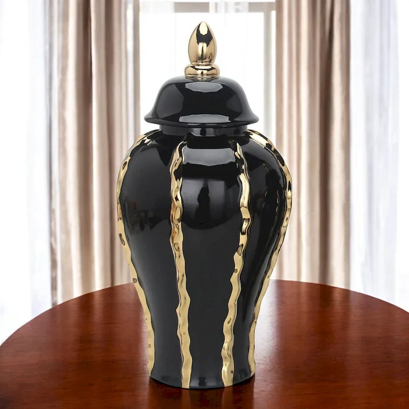 25  Black and Gold Striped Urn Ceramic Ginger Jar