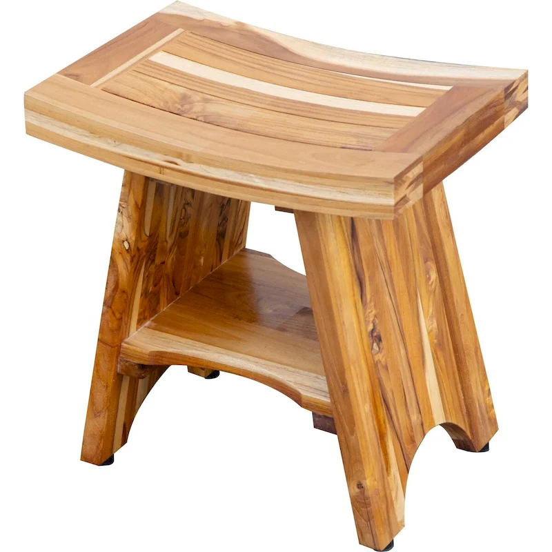 Compact Curvilinear Teak Shower Outdoor Bench with Shelf in Natural Finish - 19  x 12  x 18