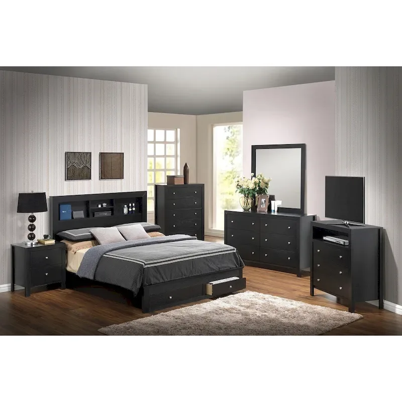 Burlington King Storage Platform Bed with Built in Shelves and Two Footboard Drawers