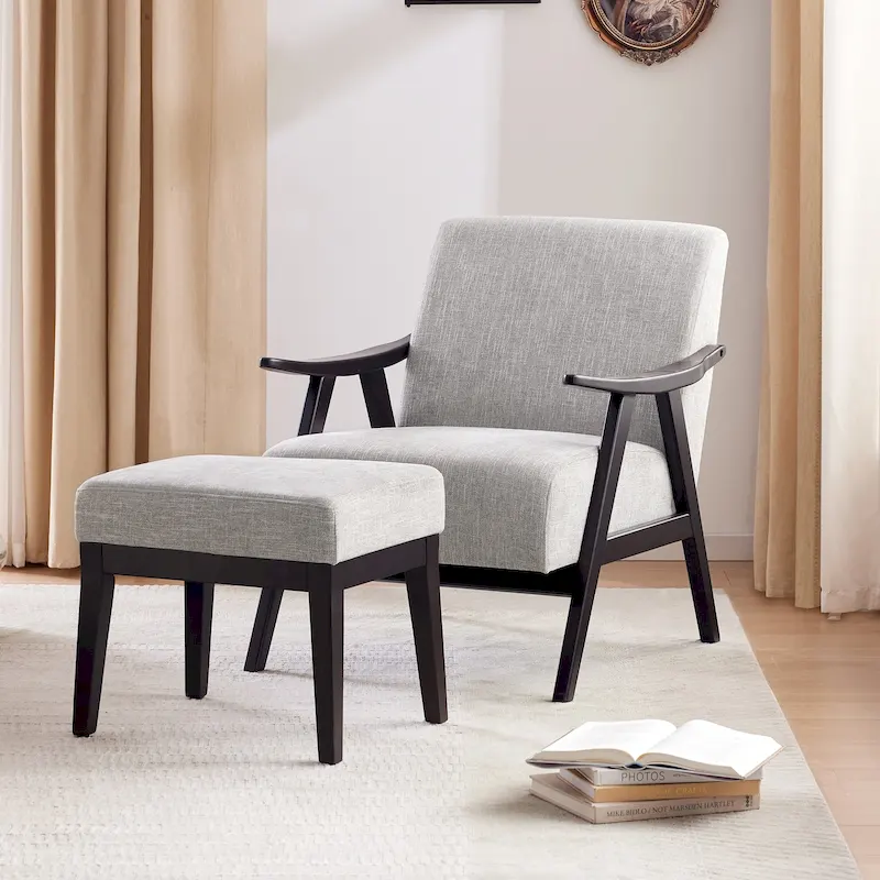 Mid Century 27.7 Upholstered Arm Chair with Solid Wood Frame and Ottoman