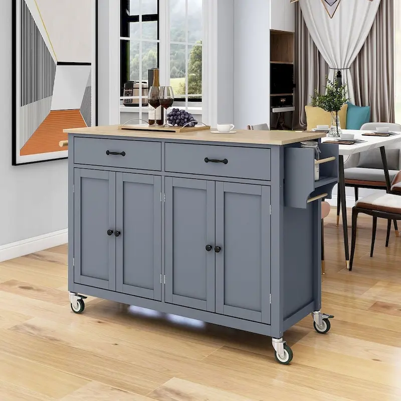 54.3   W Solid Wood Countertop Kitchen Cart with 4 Door Cabinet and 2 Drawers