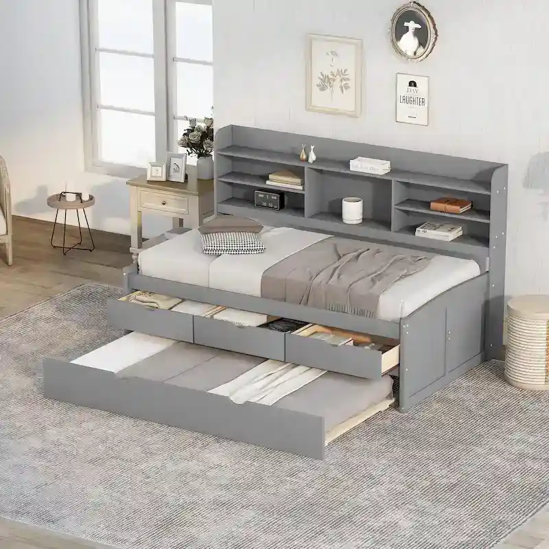 Twin Pine Captain Bed with Shelves, Drawers & Trundle