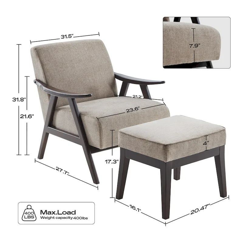 Mid Century 27.7 Upholstered Arm Chair with Solid Wood Frame and Ottoman