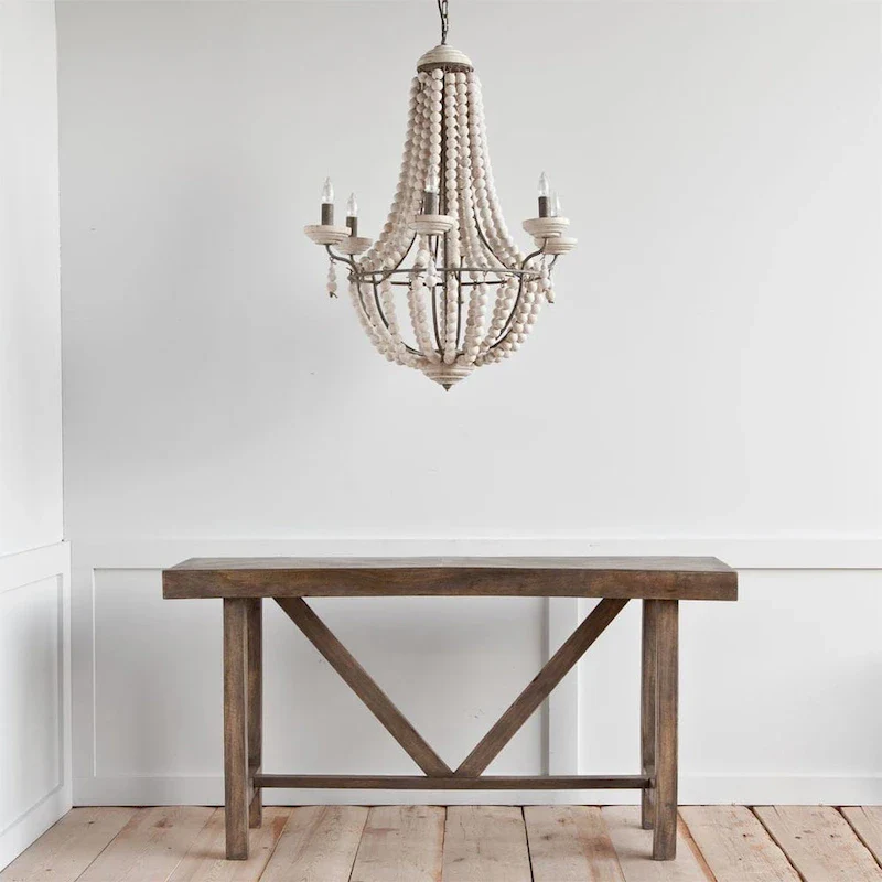 Phillum Silver Metal & White Wood Beaded Six Bulb Chandelier - 29 W x 29 D x 37 H