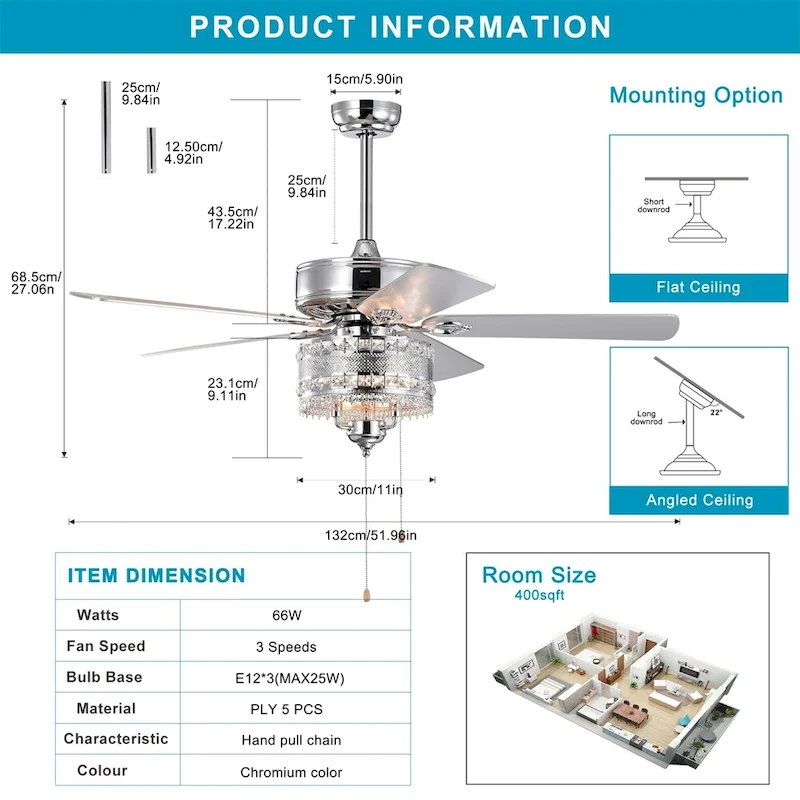52  Crystal Ceiling Fan with 5 Reversible Blades for Indoor