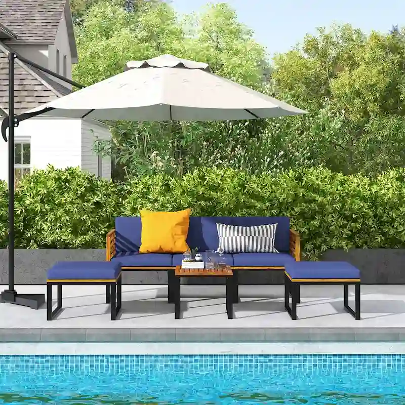 Costway 6pcs Patio Acacia Wood Conversation Sofa Seat Set Ottomans - See Details