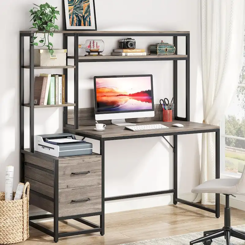 Rustic Computer Office Desk with Drawers and Hutch