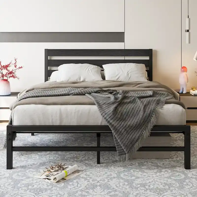 Platform Bed Frame With Wooden Headboard, Under Bed Storage, Non-Slip