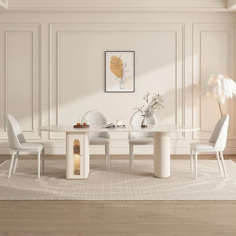 8 Person Folding Storage Dining Table Modern 78.7in Extendable Oval Dining Table,White Sintered Stone
