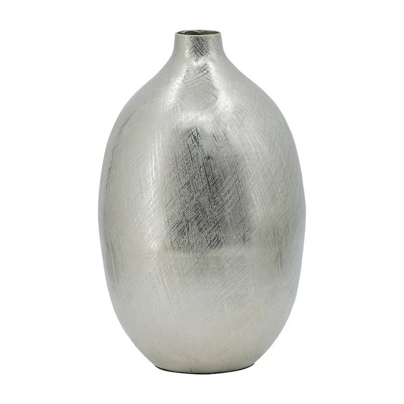 Pansy 14 Inch Modern Vase, Metal, Tall Curved Shape, Bottleneck Silver