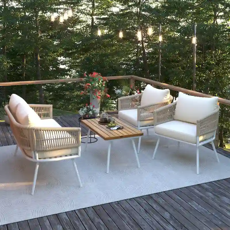 4-Piece Patio Furniture Set, Outdoor Furniture with Acacia Wood Table, Patio Conversation Set with Deep Seating & Thick Cushion
