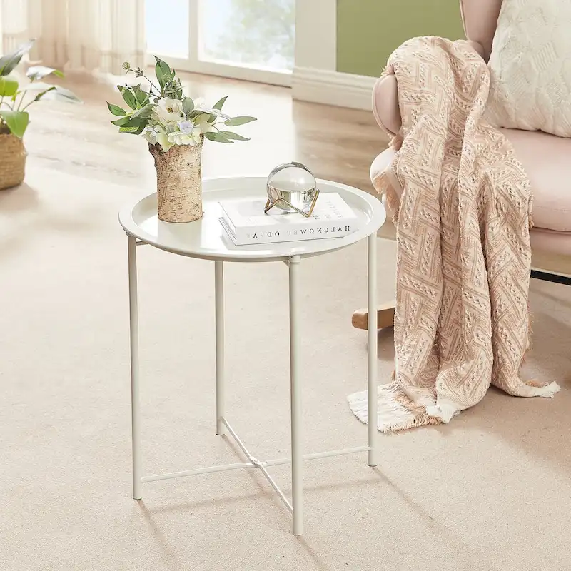 VECELO Modern Side Table with Round Removable Tray,Beige (Set of 1/Set of 2)