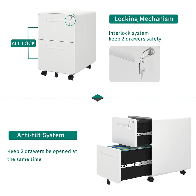Black / White 2-Drawer Rolling Locking Steel File Cabinet – Single Unit