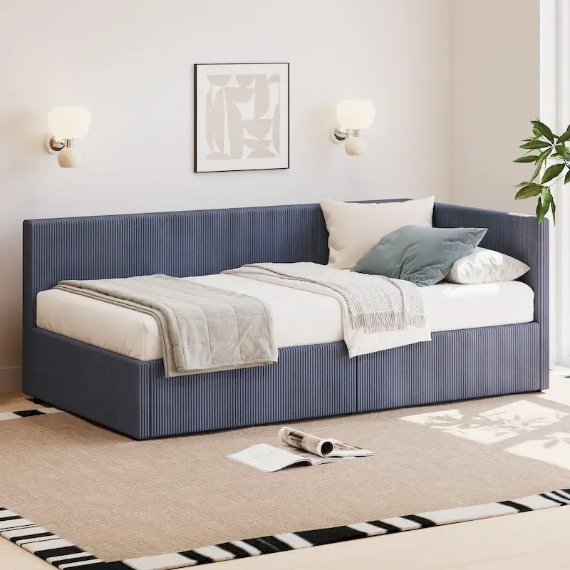 Vertical Striped Corduroy Upholstered Frame Daybed with 2 Storage Drawers, Twin Size Corner Sofa Bed Frame, L Shape Captain Bed