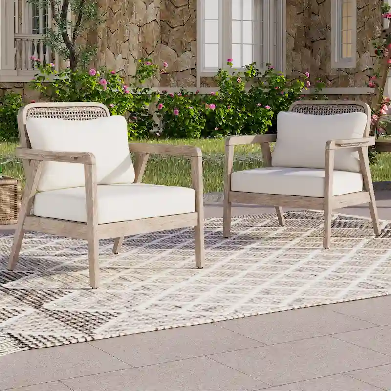 (SET OF 2) Outdoor Acacia Wood Patio Club Chair, Patio Furniture,Waterproof Thick Cushion Deep Seating