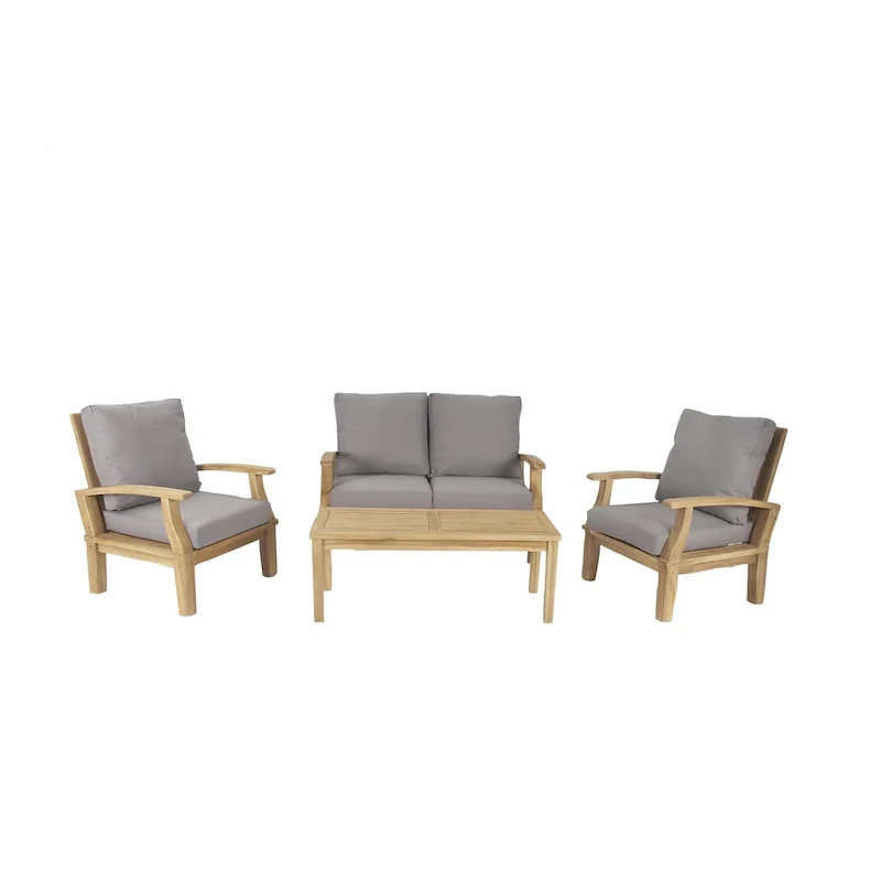 Teak Wood Arm Chair and Loveseat Outdoor Seating Set with Cushions and Coffee Table - Set of 4 Brown - Roche River Decor