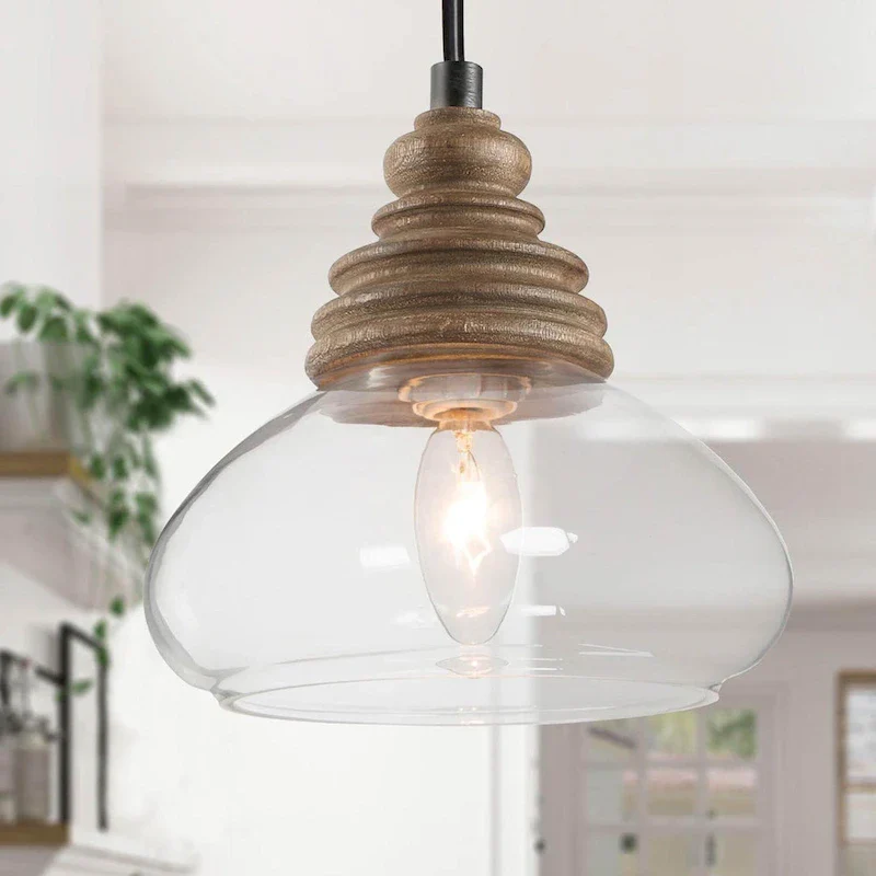 The Gray Barn Farmhouse 1-Light Wood Pendant Lights with Pumpkin Glass Shade - 7.5  L x 7.5  W x 7.5  H