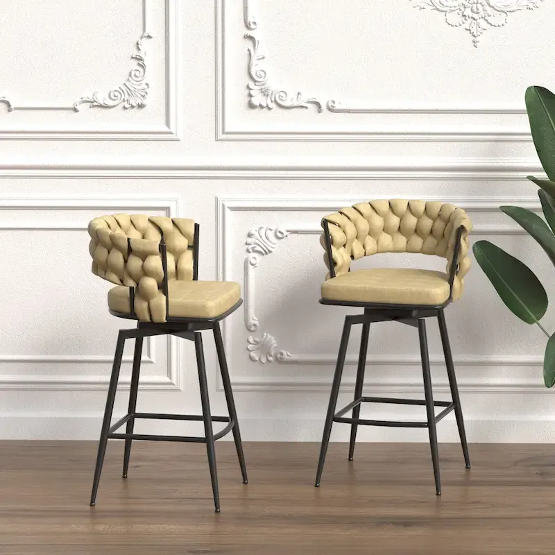 2 Woven Bar Stool,Black Legs No Adjustable Chairs,360 Swivel Upholstered Bar Chair Counter Stool Arm Chairs With Back Footrest