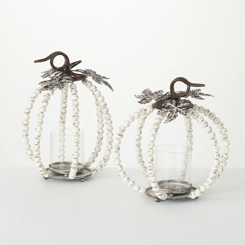 Beaded Pumpkin Pillar Holders White 13 H Wood Set of 2 - 10 L x 10 W x 13 H; 11.5 L x 11.5 W x 11.5 H