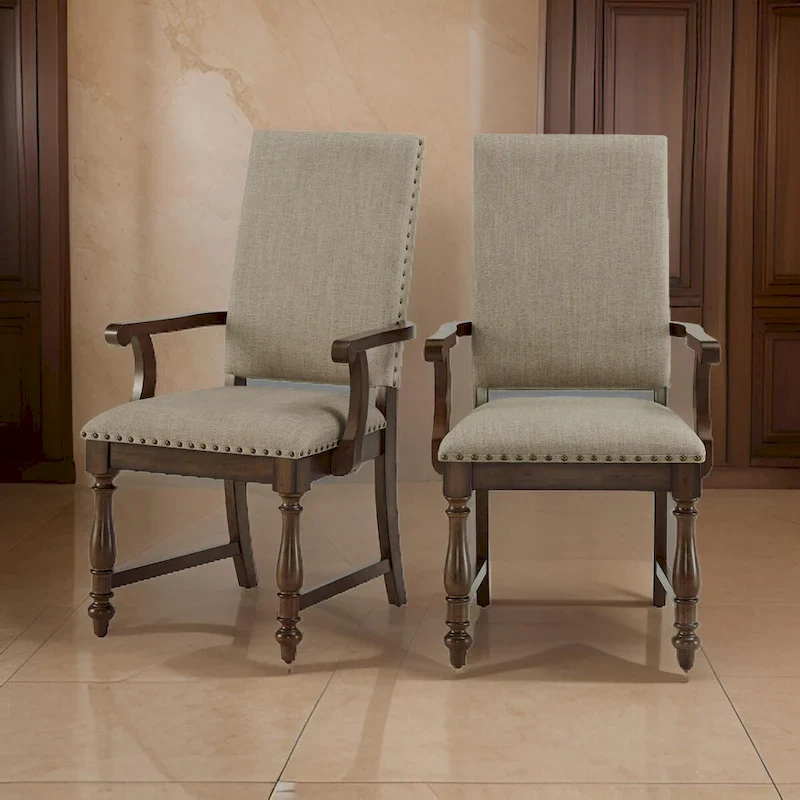 Tom 26 Inch Dining Armchair, Beige Polyester, Nailheads, Brown Solid Wood