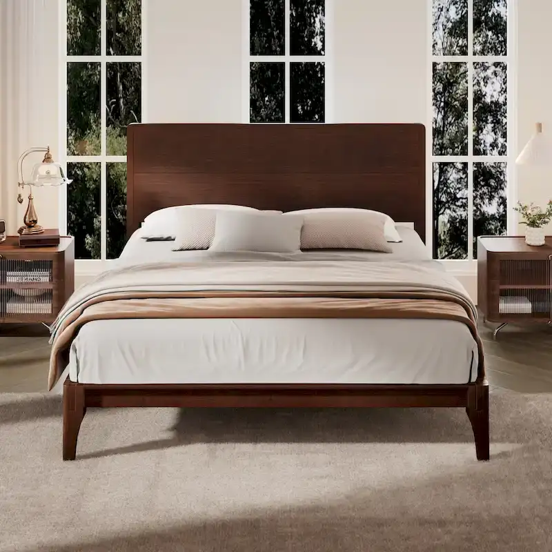 Modern Bamboo Platform Bed Frame with Headboard, Metal Middle Support Rod and Wooden Slats, No Box Spring Needed, Easy Assembly