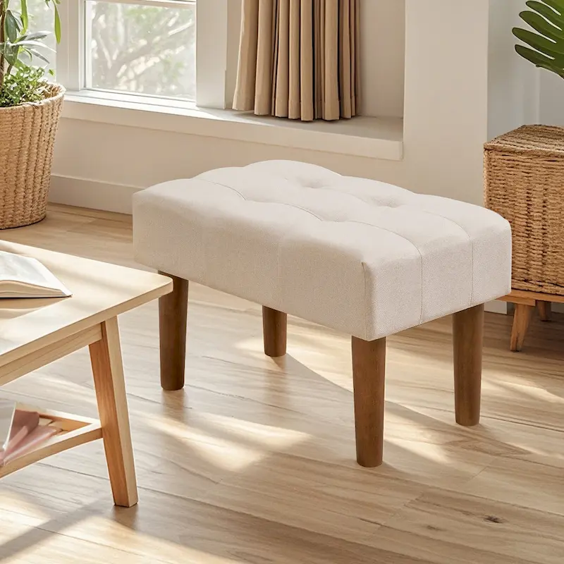 Small Foot Stool Ottoman, Linen Ottoman Foot Rest with Legs, Rectangle Upholstered Footrest for Couch, Living Room, Under Desk