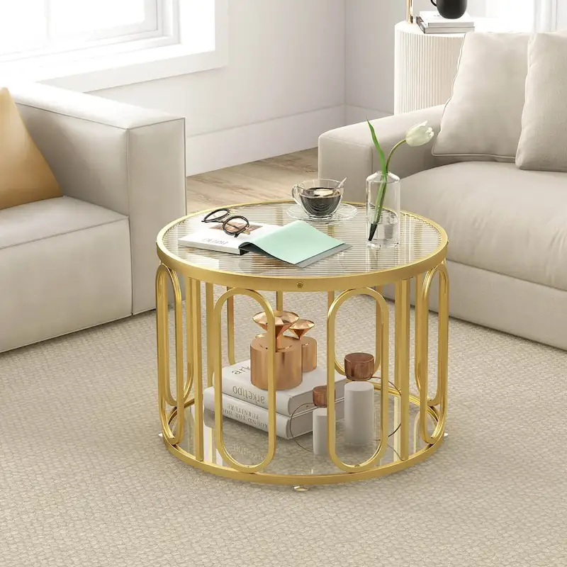 Gymax 2-Tier 24 Round Coffee Table w/ Oval Swivel Brackets & Reeded