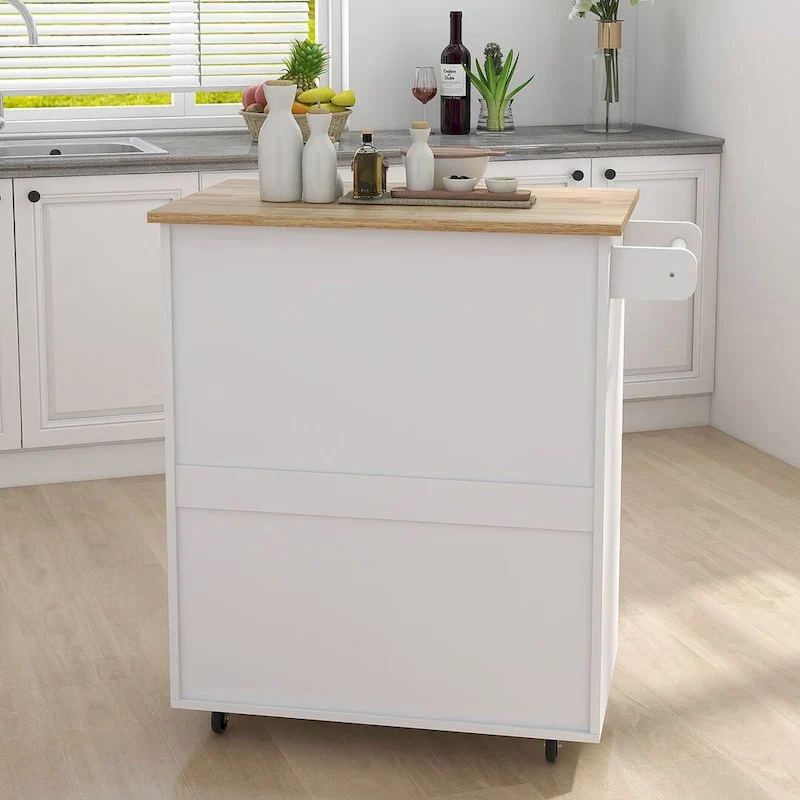 32.87 W Modern Rubberwood Countertop Kitchen Island with Adjustable Shelves and Towel Racks