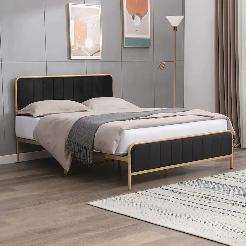 Mixoy Metal Platform Bed Frame with Dutch Velvet Headboard, Clearance Bed Frame Upholstered Headboard, Metal Strip Support