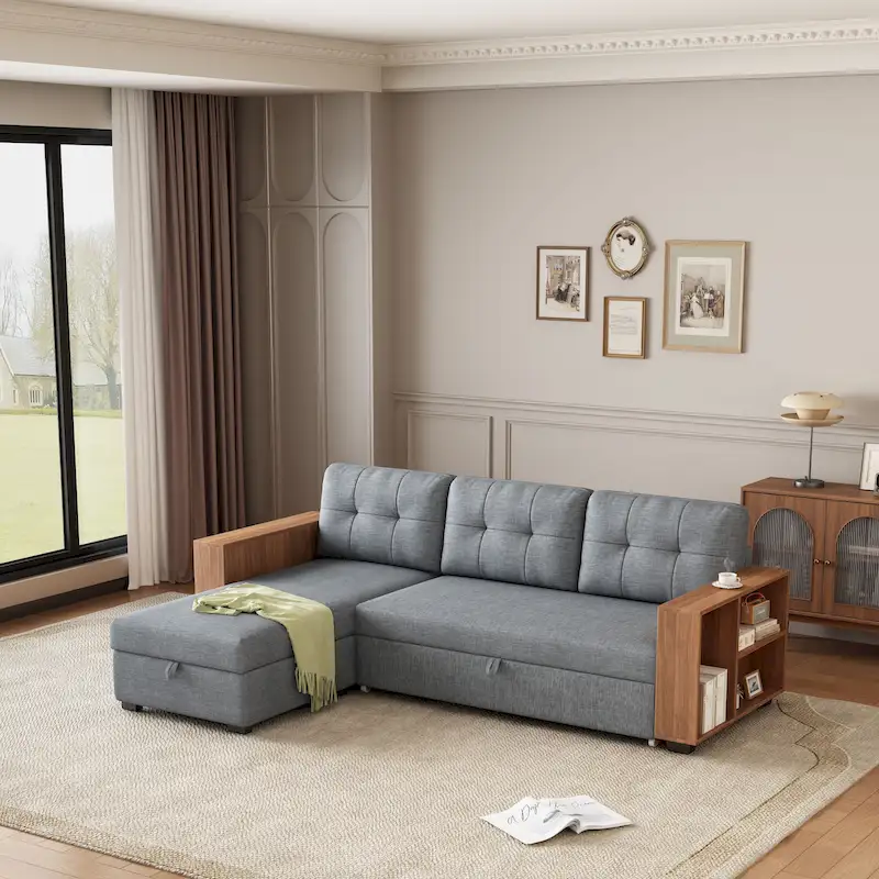 GDFStudio - Vinnas Convertible Sectional Sofa with Pull-Out Bed and Hidden Storage Chaise