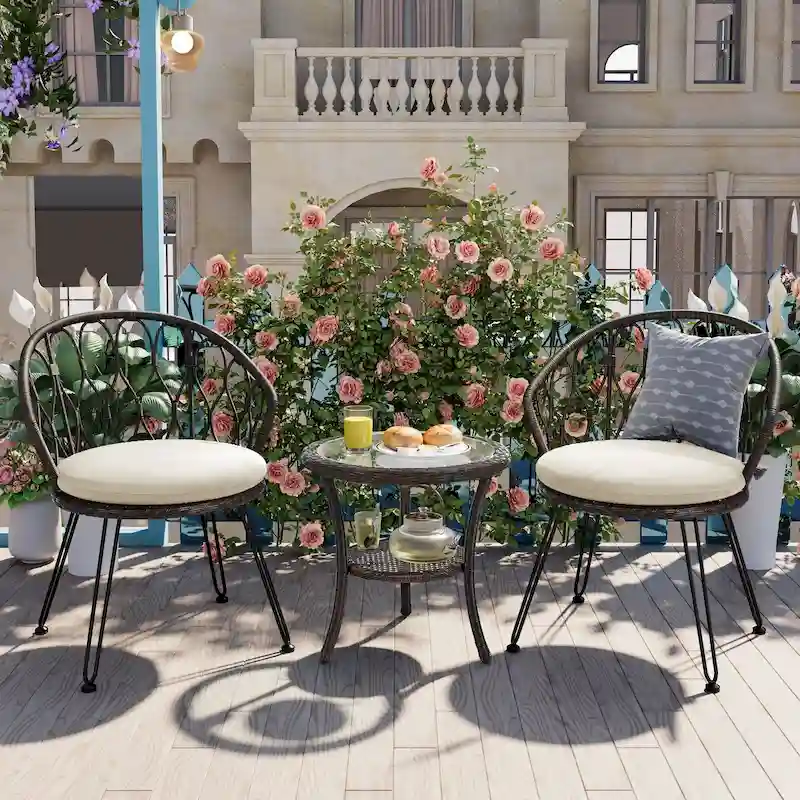 Outdoor Leisure Set, 2 Rattan Single Chairs with 1 Glass Round Table