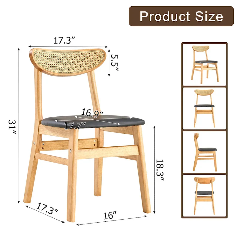 Wooden Dining Chairs Set of 2 with Small Curved Back and PU Cushion