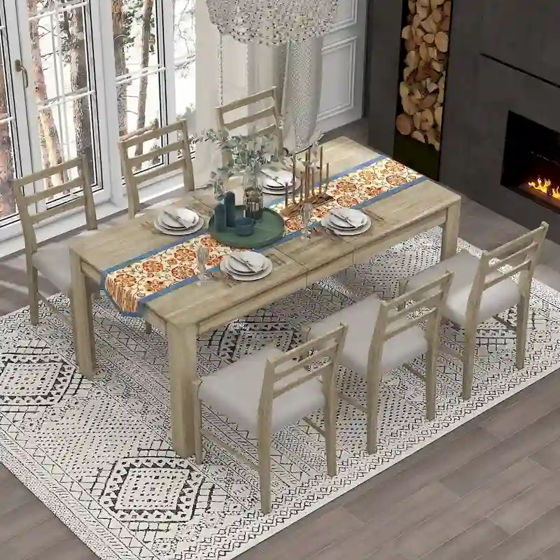 7-Piece Wooden Extendable Dining Table Set with 12 Leaf and 2 Drawers, 6 Chairs