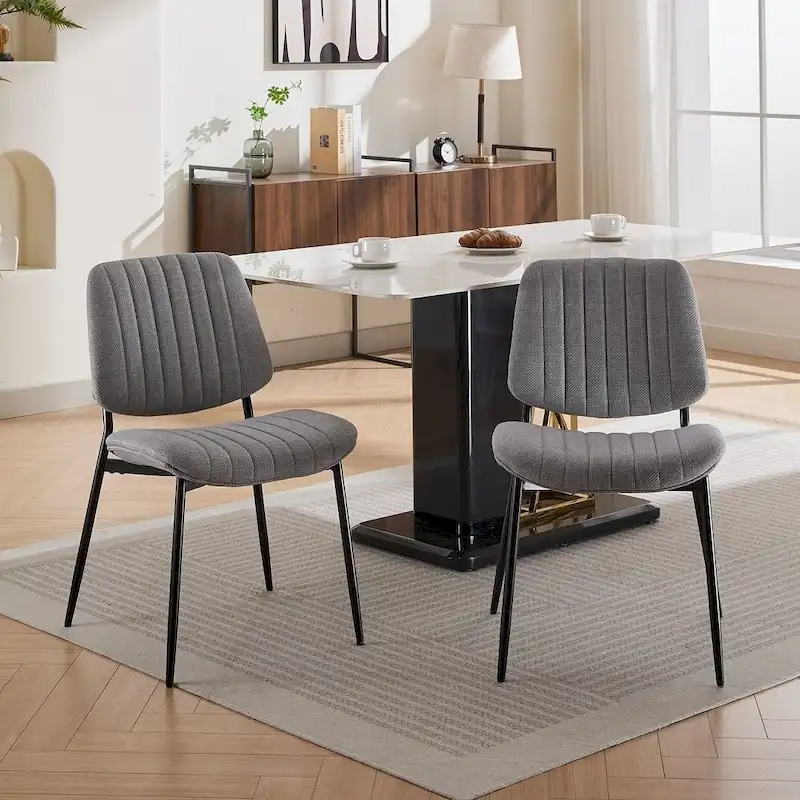 Retro Linen Dining Chairs Set of 2, Bentwood Back with Metal Legs