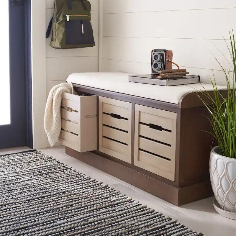 SAFAVIEH Mozella 3-Drawer Cushion Bench - 42 W x 15 D x 20 H - 42Wx15Dx20H