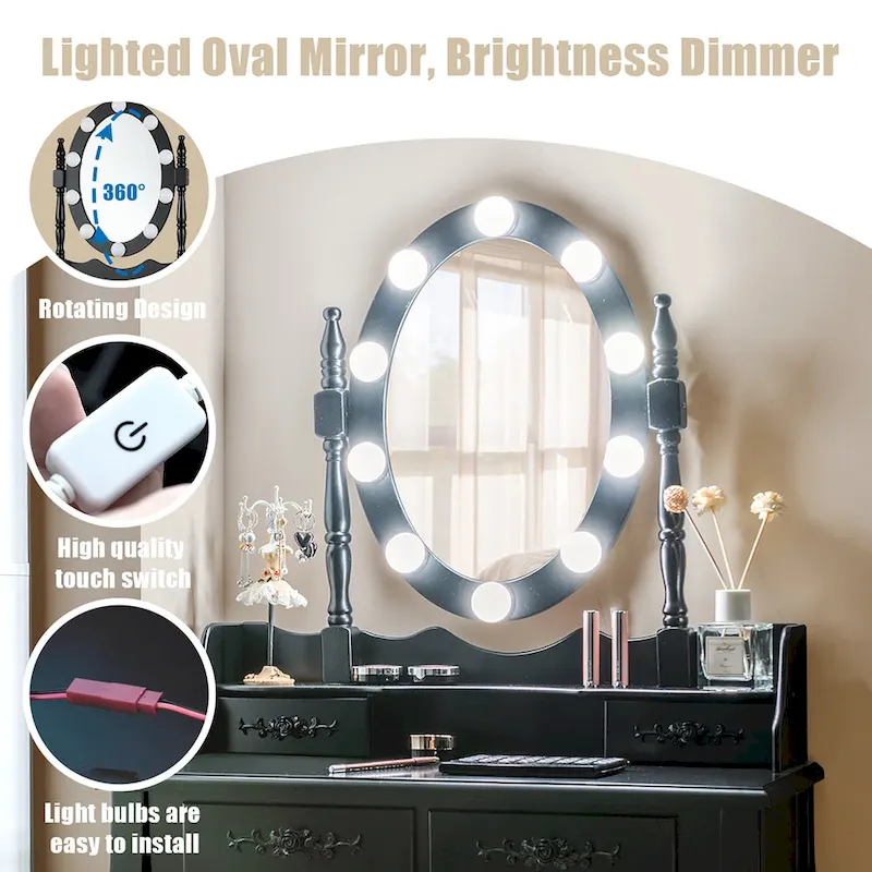 Costway Vanity Table Table 10 Dimmable Bulbs Black White Brown