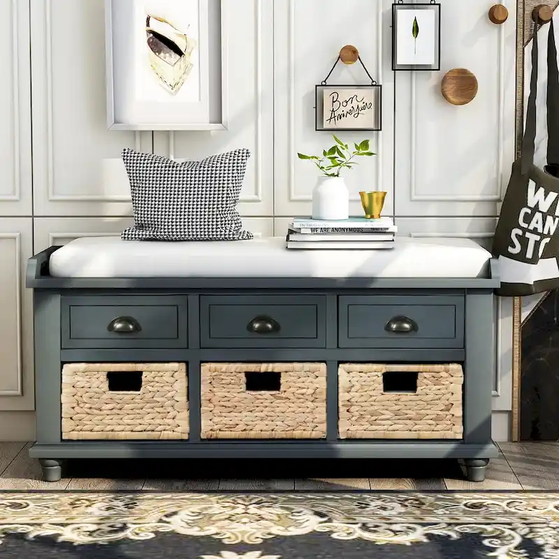 Blue / White / Natural / Brown Storage Bench with 3 Drawers & 3 Wicker Baskets