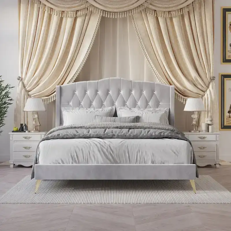 CraftPorch Velvet Diamond Button Tufted Upholstered Platform Bed