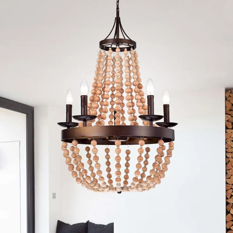 Crelimen 5-Light 22-Inch Wood Antique Bronze Pendant