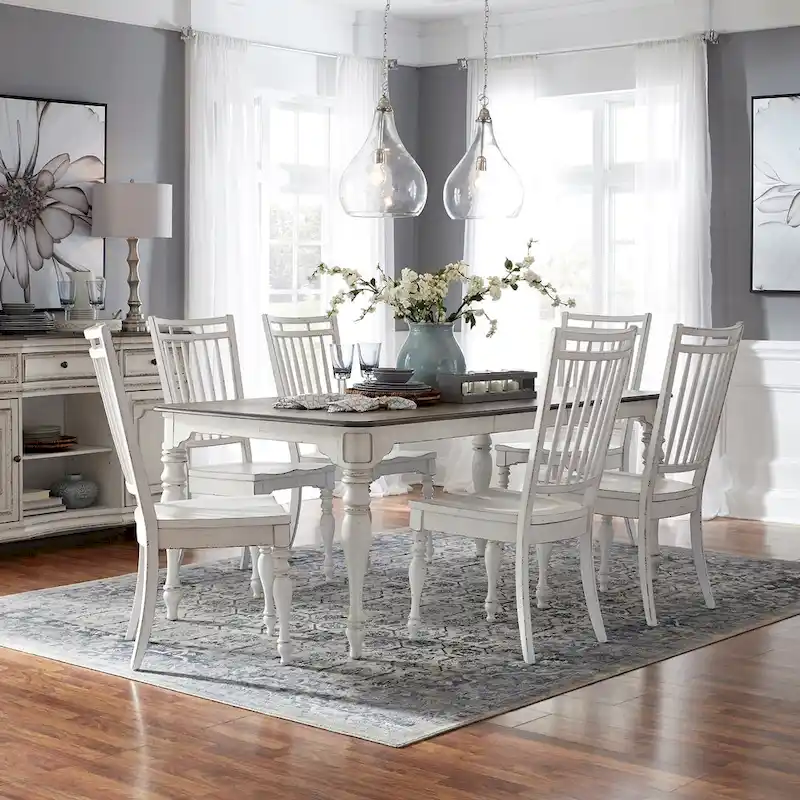Magnolia Manor Antique White Weathered Bark Opt 7 Piece Leg Table Set