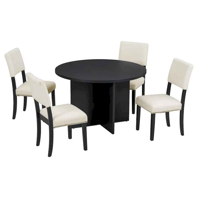 Farmhouse Style 5-Piece Wooden Dining Set with Round Table and 4 Lambswool-like Fabric Upholstered Chairs