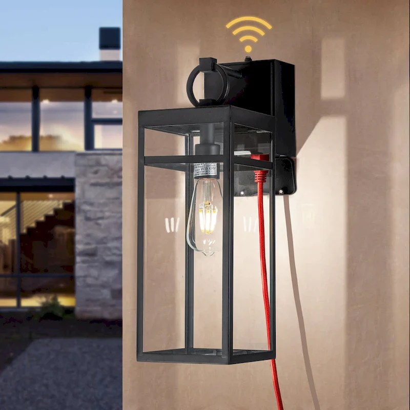 1 Light Black Dusk to Dawn Sensor Outdoor Wall Lantern Coach Sconces Light with Clear Glass and built-in GFCI Outlets (1-Pack