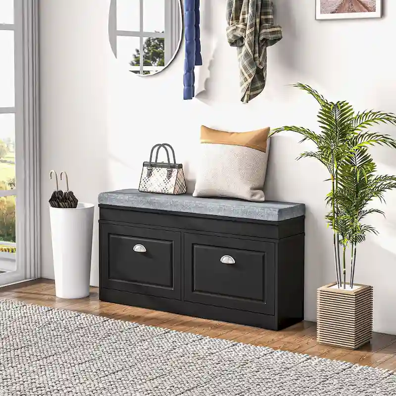 HOMCOM Shoe Rack Bench for Entryway Storage Organizer with Cushion 2 Drawers Adjustable Shelf, White - 41 x 9.5 x 21.75
