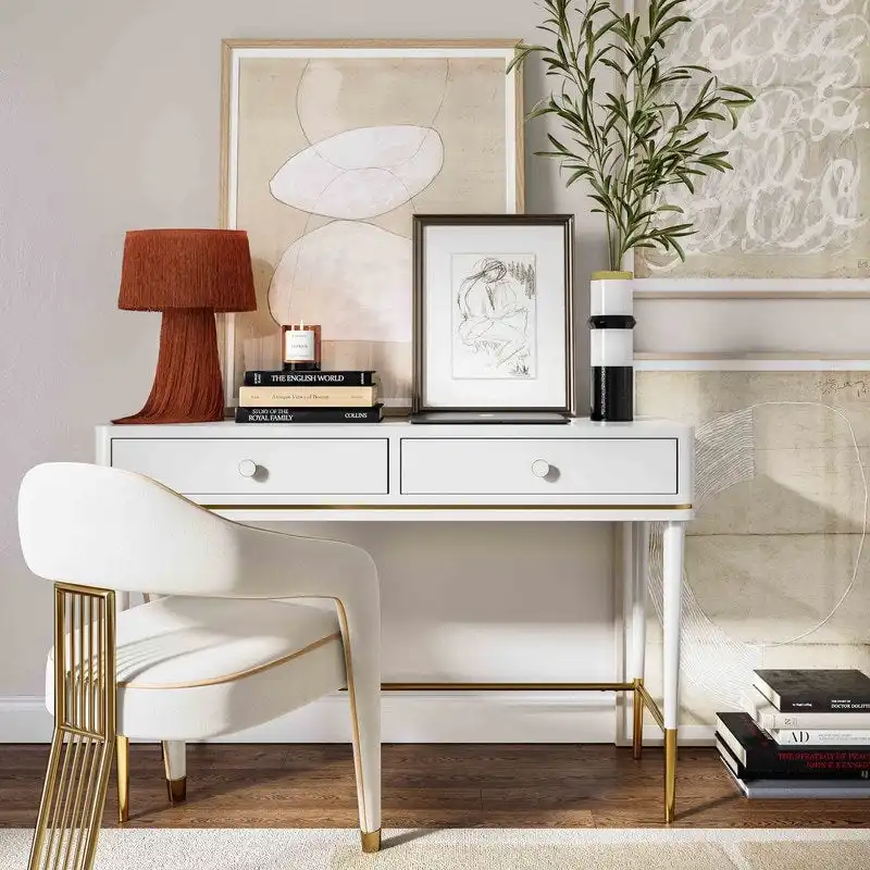 Art Deco Two-Drawer Desk with Gold Inlay – Off White / Black, Single